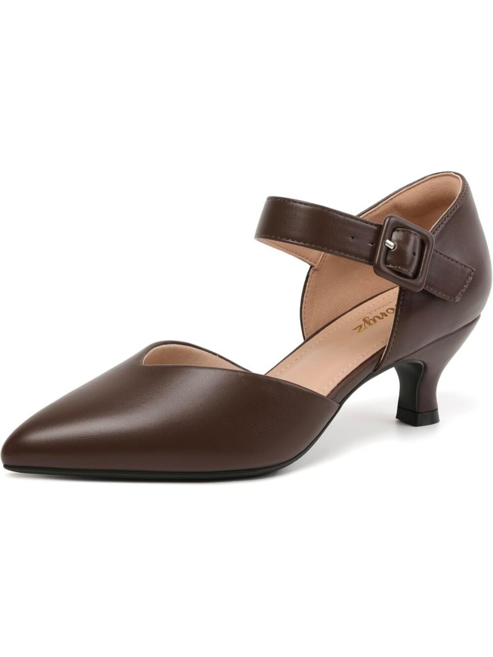 Women's Brown Pu Kitten Heel Pointed Closed Ankle Strap Buckle Slip On Shoes